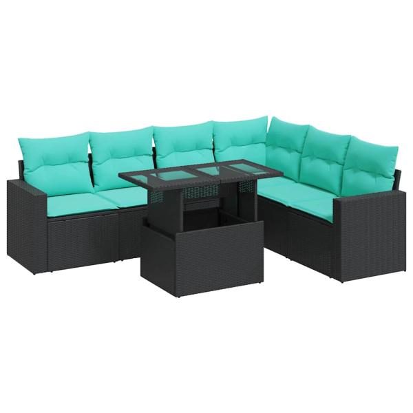 7-tlg. Garten-Sofagarnitur mit Kissen Schwarz Poly Rattan Akazie