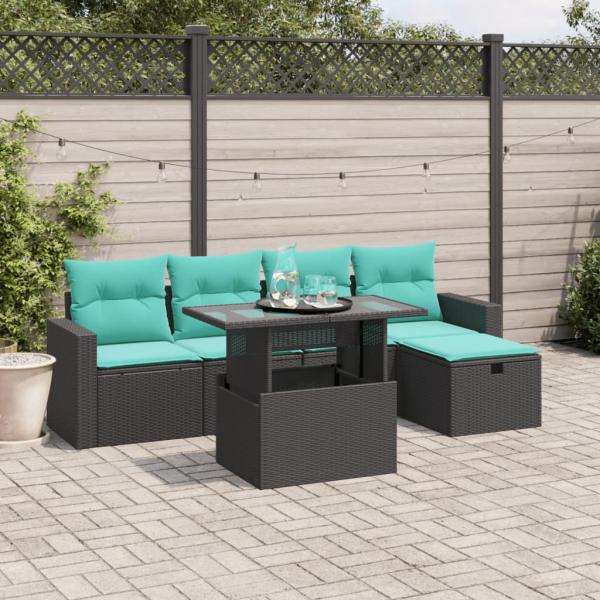 ARDEBO.de - 6-teiliges Gartensofa-Set mit Kissen, schwarzes Polyrattan