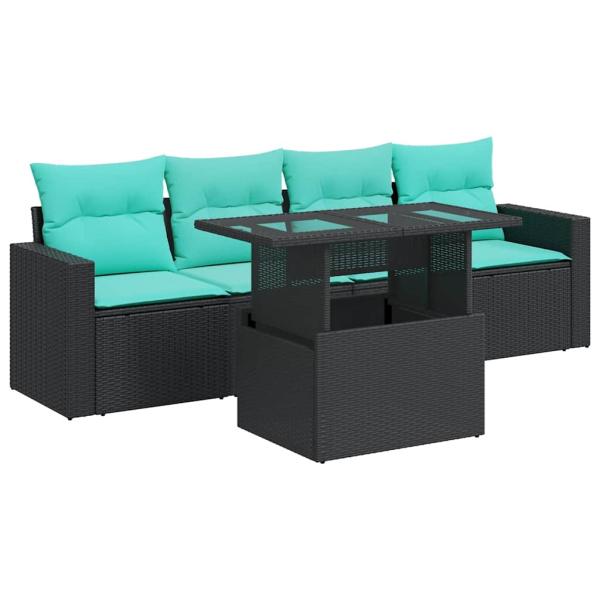 5tlg. Garten-Sofagarnitur mit Kissen Schwarz Poly Rattan Akazie