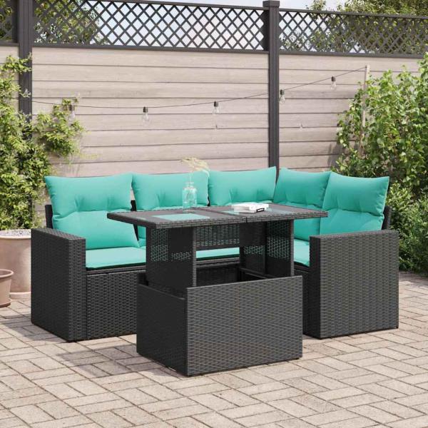ARDEBO.de - 5tlg. Garten-Sofagarnitur mit Kissen Schwarz Poly Rattan Akazie