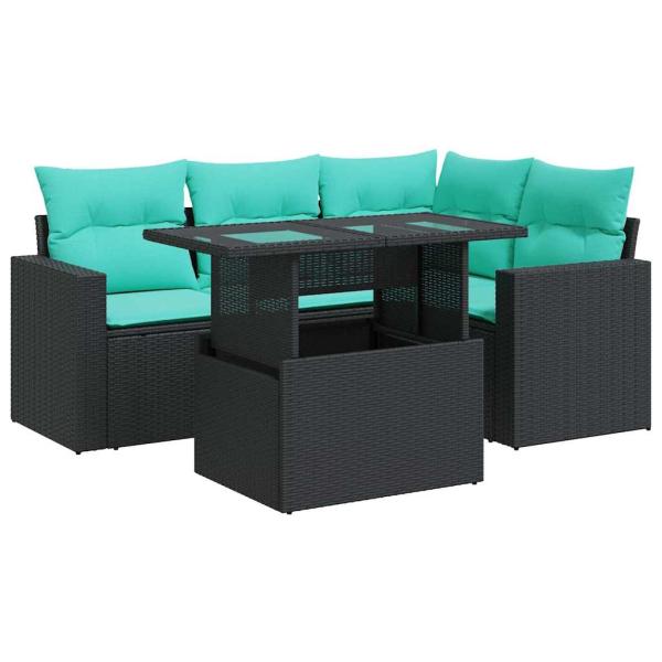 5tlg. Garten-Sofagarnitur mit Kissen Schwarz Poly Rattan Akazie