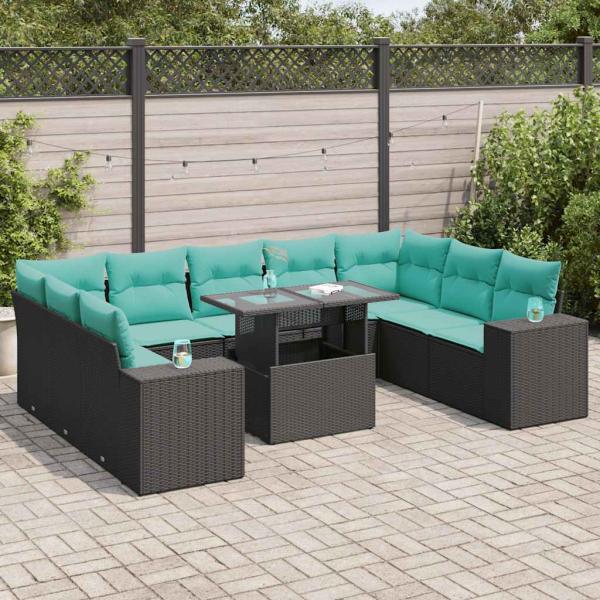 ARDEBO.de - 10-tlg. Garten-Sofagarnitur mit Kissen Schwarz Poly Rattan