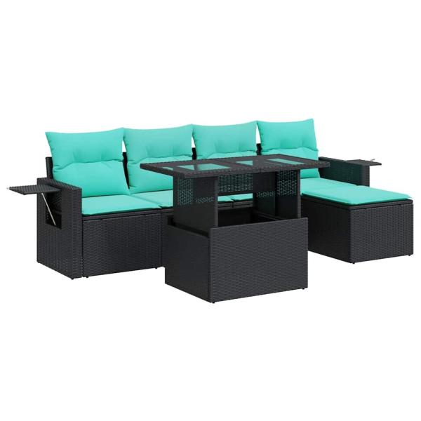 6-tlg. Garten-Sofagarnitur mit Kissen Schwarz Poly Rattan Akazie