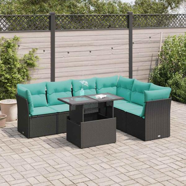 ARDEBO.de - 7-tlg. Garten-Sofagarnitur mit Kissen Schwarz Poly Rattan Akazie