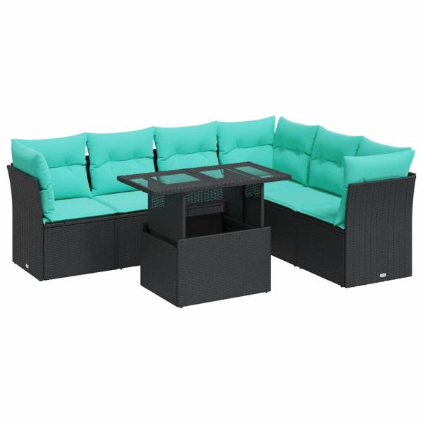 7-tlg. Garten-Sofagarnitur mit Kissen Schwarz Poly Rattan Akazie