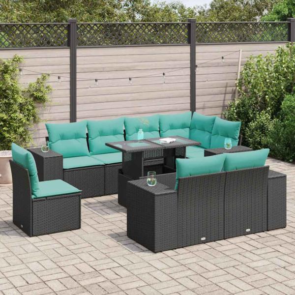 ARDEBO.de - 9-tlg. Garten-Sofagarnitur mit Kissen Schwarz Poly Rattan
