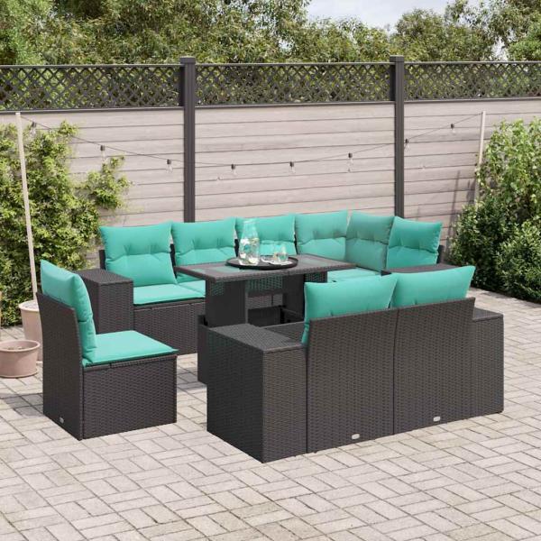 ARDEBO.de - 9-teiliges Gartensofa-Set mit Kissen, schwarzes Polyrattan