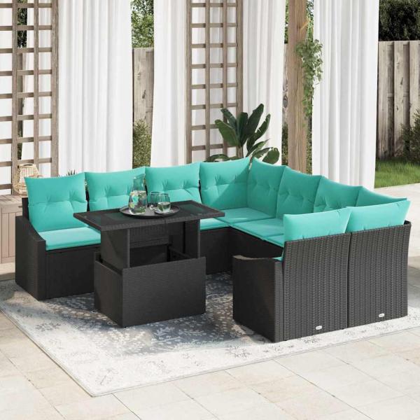 ARDEBO.de - Garten-Sofa-Set mit Kissen 9 pcs Schwarz und Blau Poly-Rattan