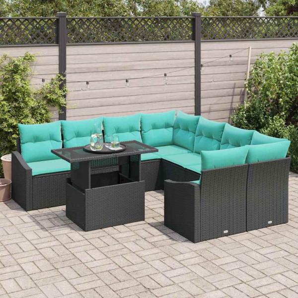 Garten-Sofa-Set mit Kissen 9 pcs Schwarz und Blau Poly-Rattan