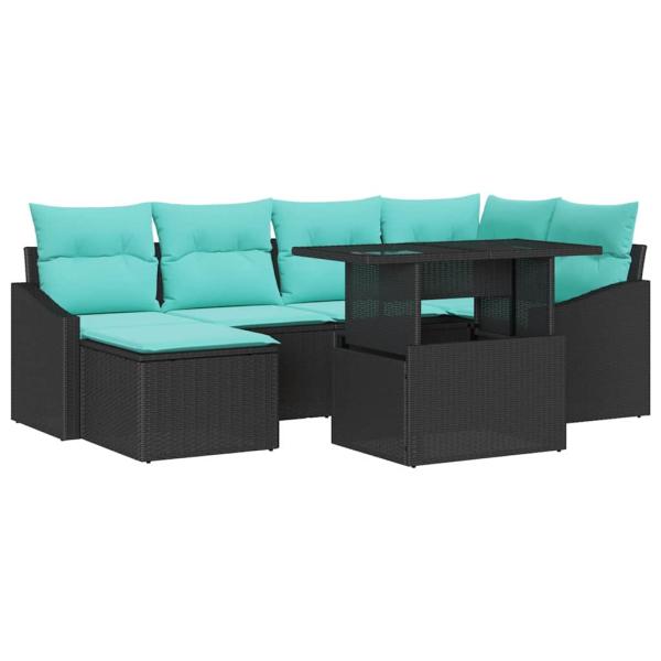 Sofa Set 7 Stk. Schwarz und Blau Poly Rattan