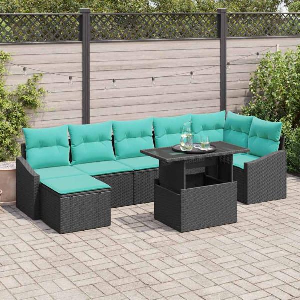 ARDEBO.de - Gartensofa-set mit Kissen 8 pcs Schwarz und Blau Poly-Rattan