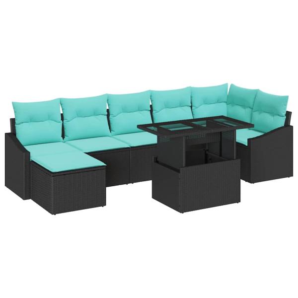 Gartensofa-set mit Kissen 8 pcs Schwarz und Blau Poly-Rattan