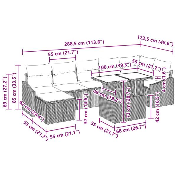 Gartensofa-set mit Kissen 8 pcs Schwarz und Blau Poly-Rattan