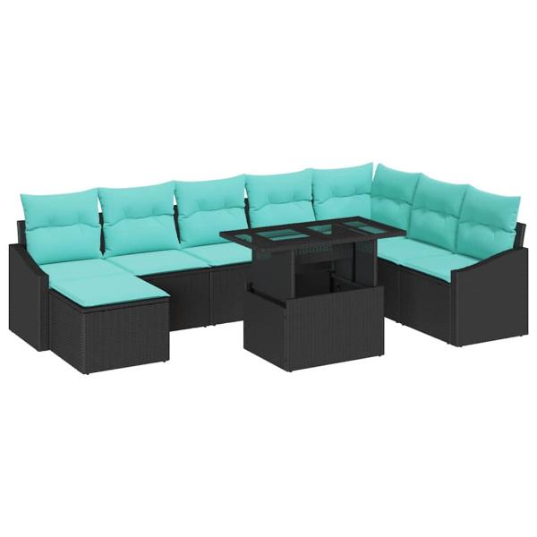 Sofa Set mit Kissen 9 pcs Schwarz und Blau Poly-Rattan