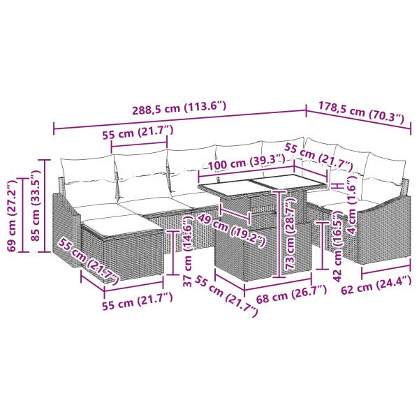 Sofa Set mit Kissen 9 pcs Schwarz und Blau Poly-Rattan