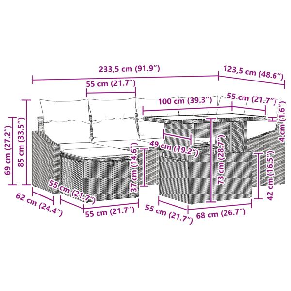 Garten-Sofa-Set mit Kissen 7 pcs Schwarz Poly Rattan