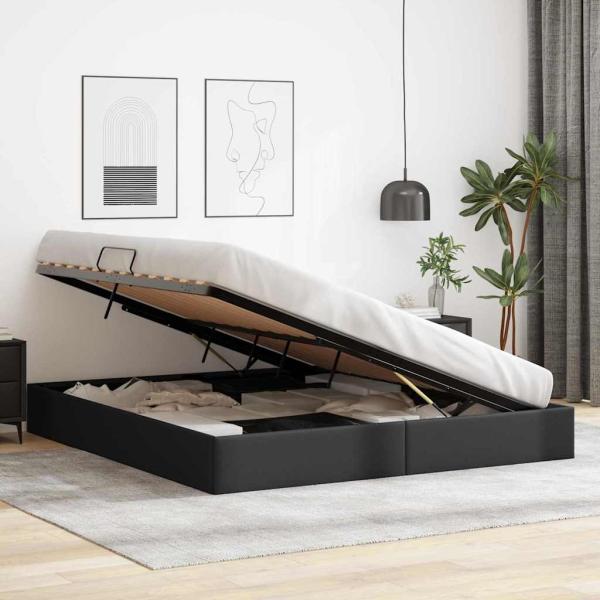 Aufbewahrungsbett mit Speicher Schwarz 193 x 203 cm Kunstleder