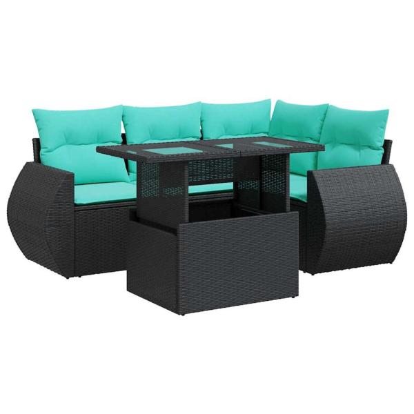 5tlg. Garten-Sofagarnitur mit Kissen Schwarz Poly Rattan Akazie