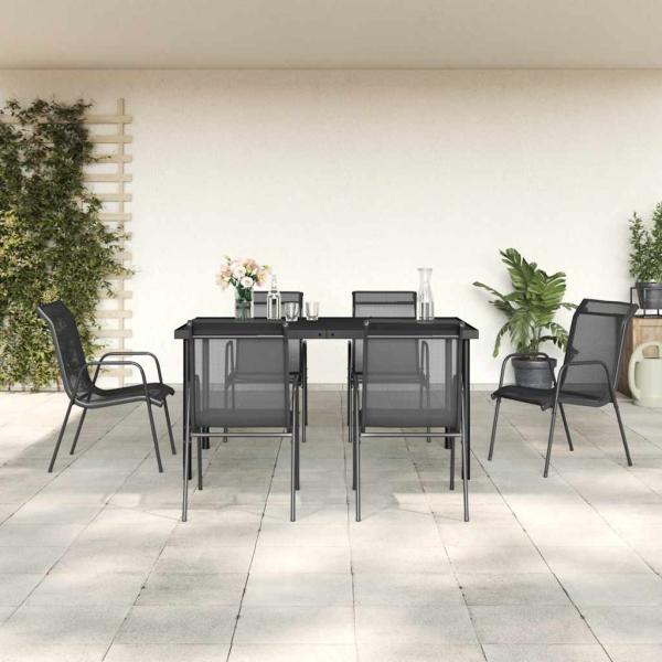 ARDEBO.de - 7-tlg. Garten-Essgruppe Schwarz Stahl und Textilene