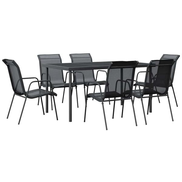 7-tlg. Garten-Essgruppe Schwarz Stahl und Textilene