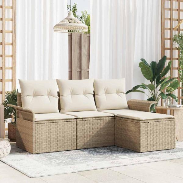 ARDEBO.de - Sofa Set mit Kissen 4 pcs Beige Poly-Rattan