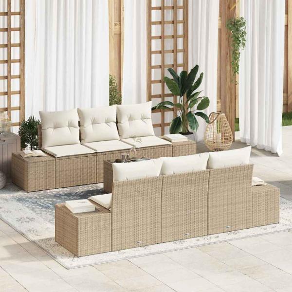 ARDEBO.de - Sofa Set mit Kissen 7 pcs Beige Poly Rattan