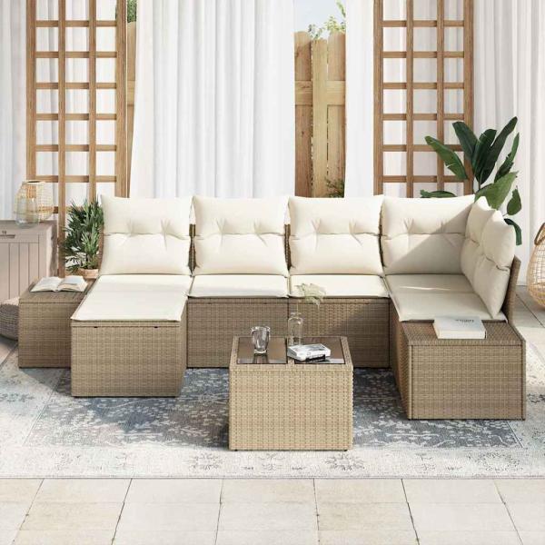 Gartensofa-set mit Kissen 7 pcs Beige und Creme Poly-Rattan