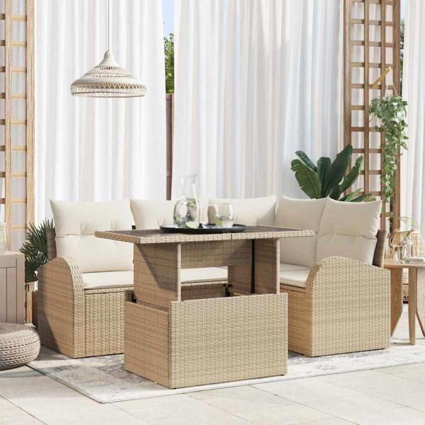ARDEBO.de - Garten-Sofa-Set mit Kissen 5 pcs Beige Poly-Rattan