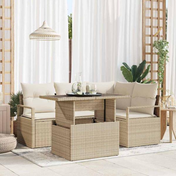 ARDEBO.de - Garten-Sofa-Set mit Kissen 5 pcs Beige und Creme Poly-Rattan
