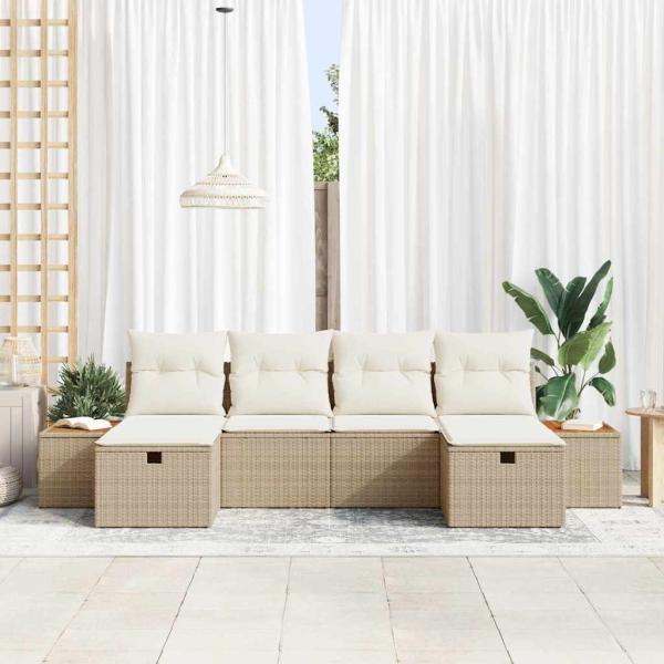 Gartensofa-set mit Kissen mit Speicher 6 pcs Beige Poly-Rattan