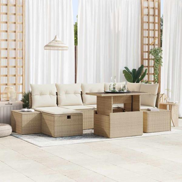 ARDEBO.de - Garten-Sofa-Set mit Kissen mit Speicher 7 pcs Beige Poly Rattan