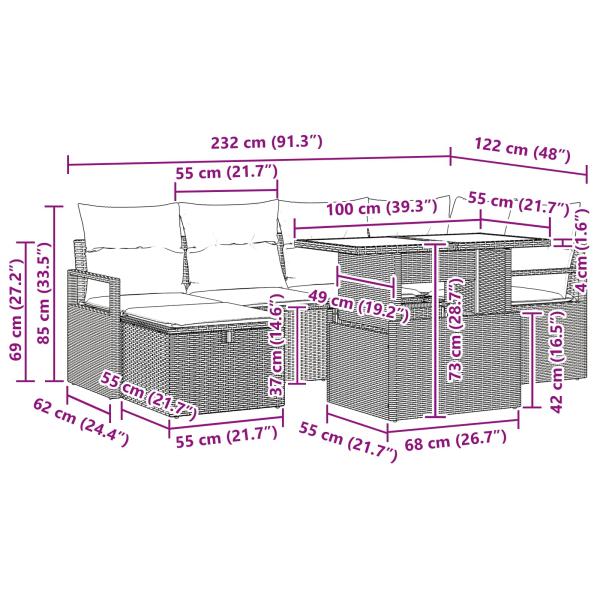 Garten-Sofa-Set mit Kissen mit Speicher 7 pcs Braun Poly Rattan