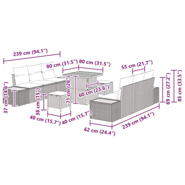 Gartensofa-set mit Kissen 9 pcs Beige und Creme