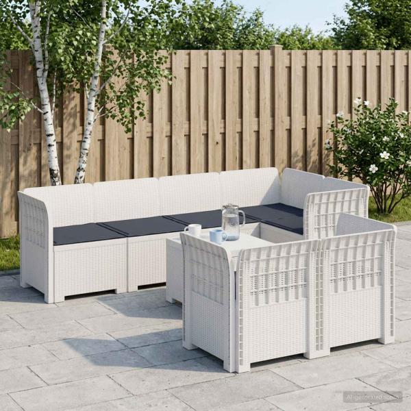 ARDEBO.de - 7-Sitzer Gartensofa mit Kissen Rattan-Look PP Weiß