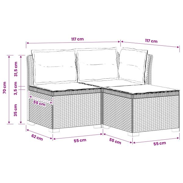 3-Sitzer Garten Sofa mit Kissen Rattan-Look PP Hellgrau