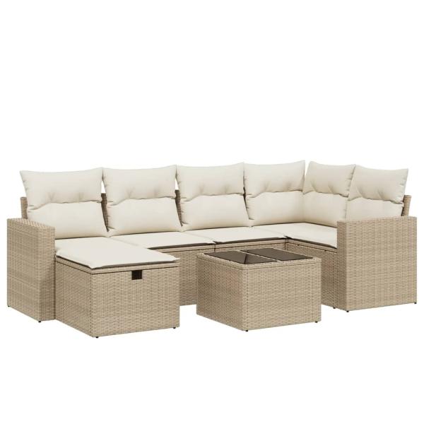 7-tlg. Garten-Sofagarnitur mit Kissen Beige Poly Rattan
