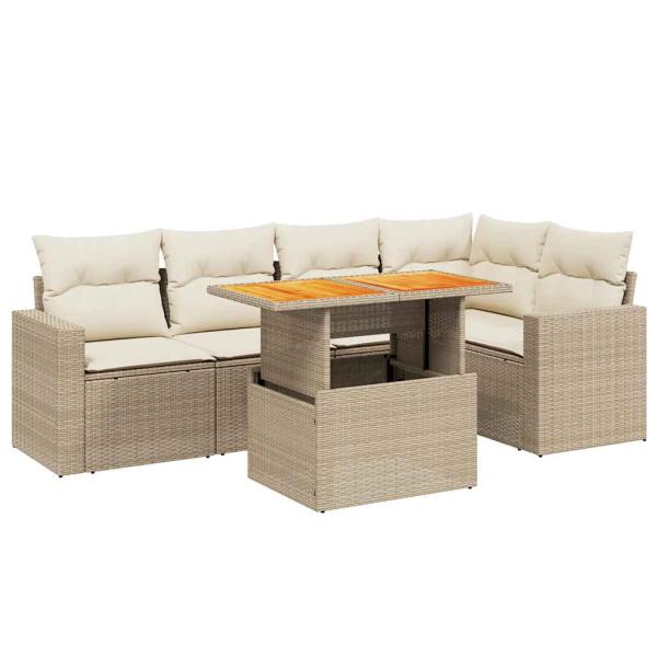 6-tlg. Garten-Sofagarnitur mit Kissen Beige Poly Rattan