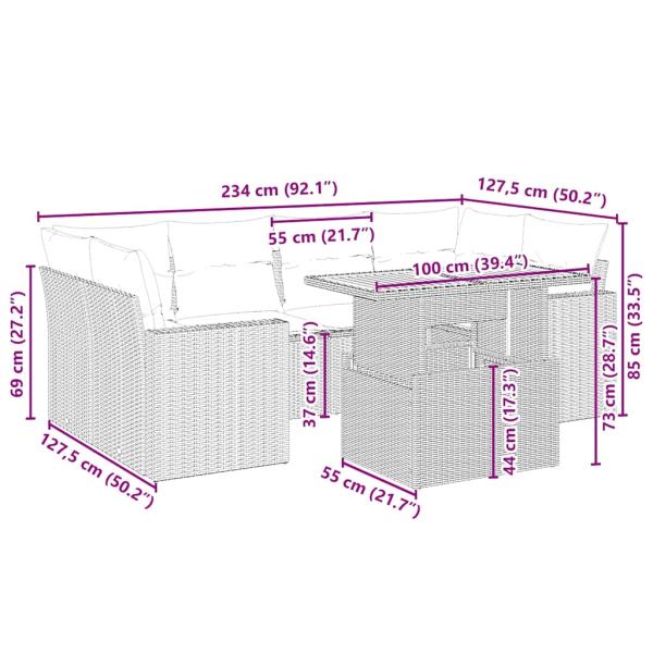 7-tlg. Garten-Sofagarnitur mit Kissen Beige Poly Rattan