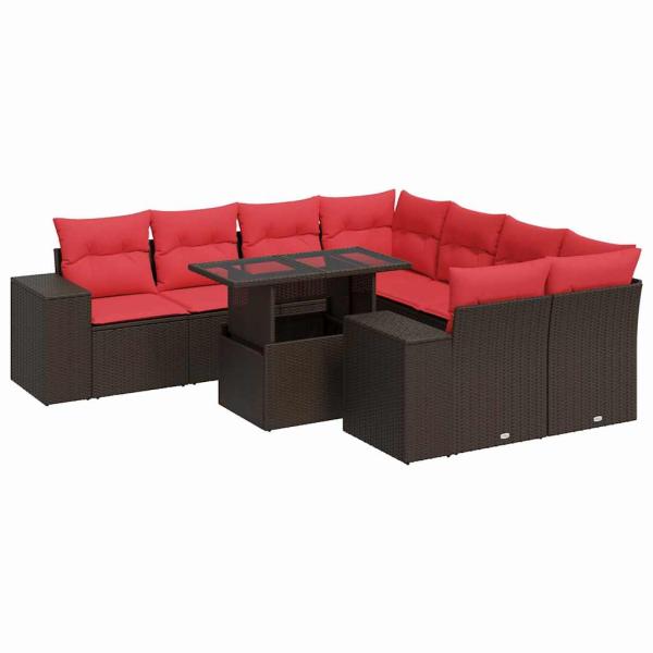 9-tlg. Garten-Sofagarnitur mit Kissen Braun Poly Rattan Akazie