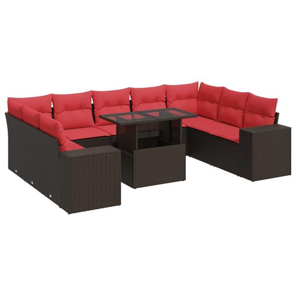 10-tlg. Garten-Sofagarnitur mit Kissen Braun Poly Rattan Akazie