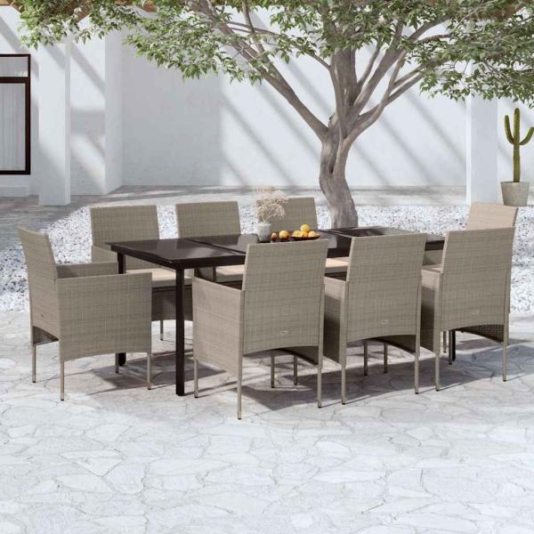 ARDEBO.de - 9-tlg. Garten-Essgruppe mit Kissen Beige und Schwarz