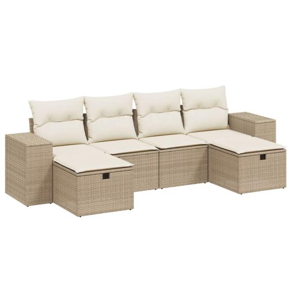 6-tlg. Garten-Sofagarnitur mit Kissen Beige Poly Rattan