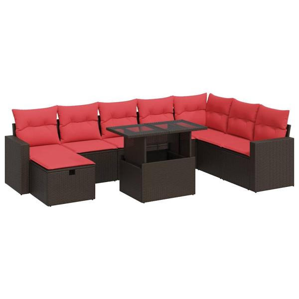 9-tlg. Garten-Sofagarnitur mit Kissen Braun Poly Rattan