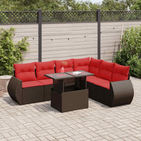 ARDEBO.de - 7-tlg. Garten-Sofagarnitur mit Kissen Braun Poly Rattan Akazie