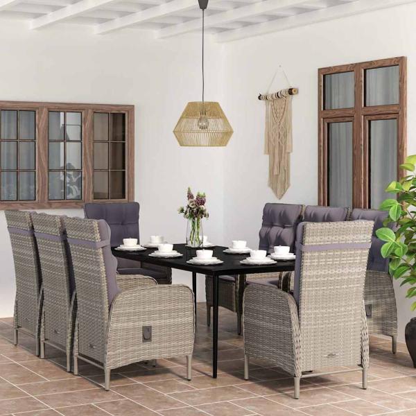 ARDEBO.de - 9-tlg. Garten-Essgruppe mit Auflagen Grau und Schwarz