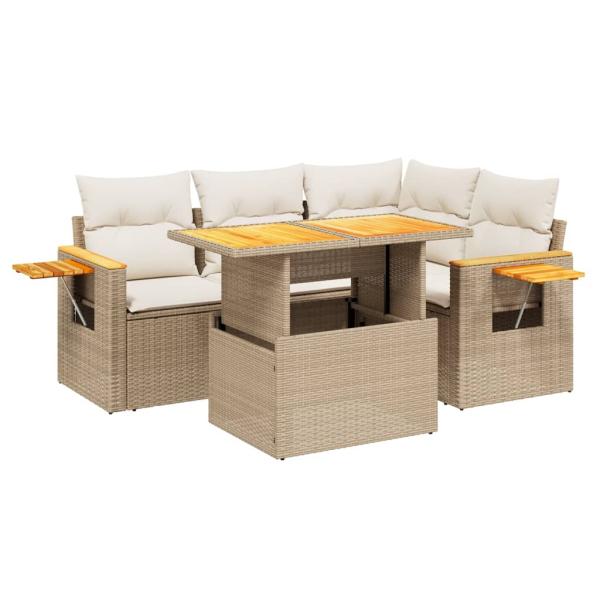 5-tlg. Garten-Sofagarnitur mit Kissen Beige Poly Rattan