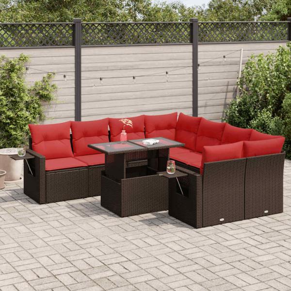 ARDEBO.de - 9-tlg. Garten-Sofagarnitur mit Kissen Braun Poly Rattan Akazie