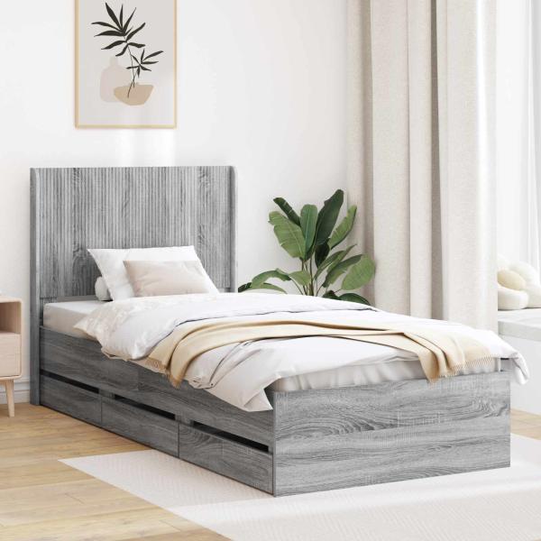ARDEBO.de - Bettgestell mit Stauraum und Kopfteil Graues Sonoma 90 x 200 cm