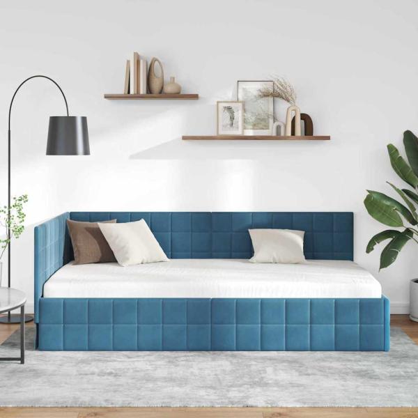 Eckbettgestell mit Kopfteil Blau 100 cm x 200 cm Samt
