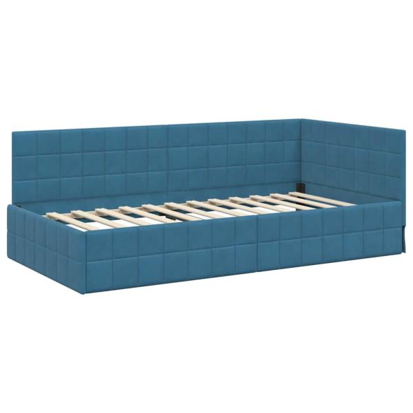 Eckbettgestell mit Kopfteil Blau 100 cm x 200 cm Samt